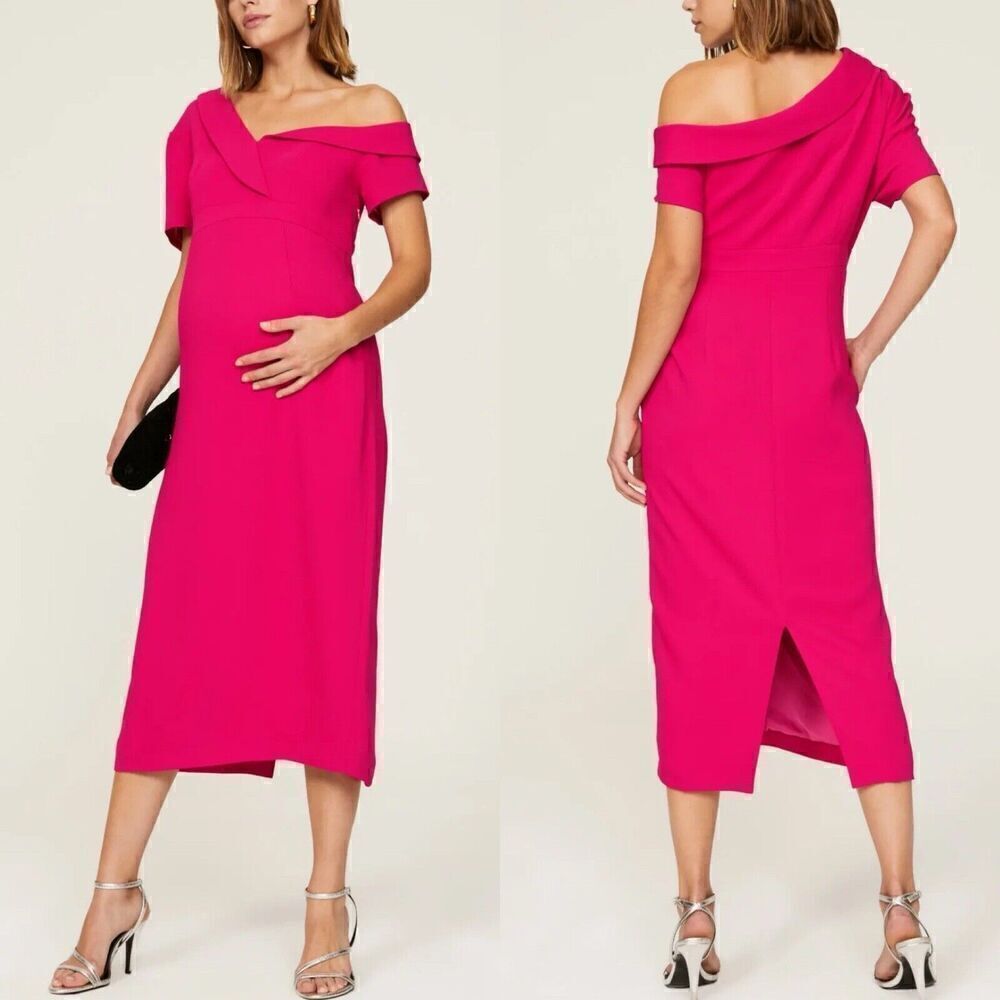 EMILIA GEORGE Maternity Dress Womens Small Fuschia Pink Midi Lauren Off Shoulder